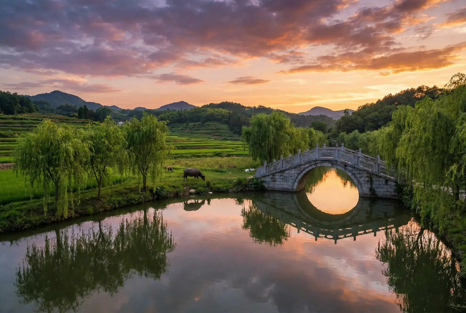 夕阳下的石拱桥与垂柳，水牛在河边吃草 - 丝袜美足 乡村美景